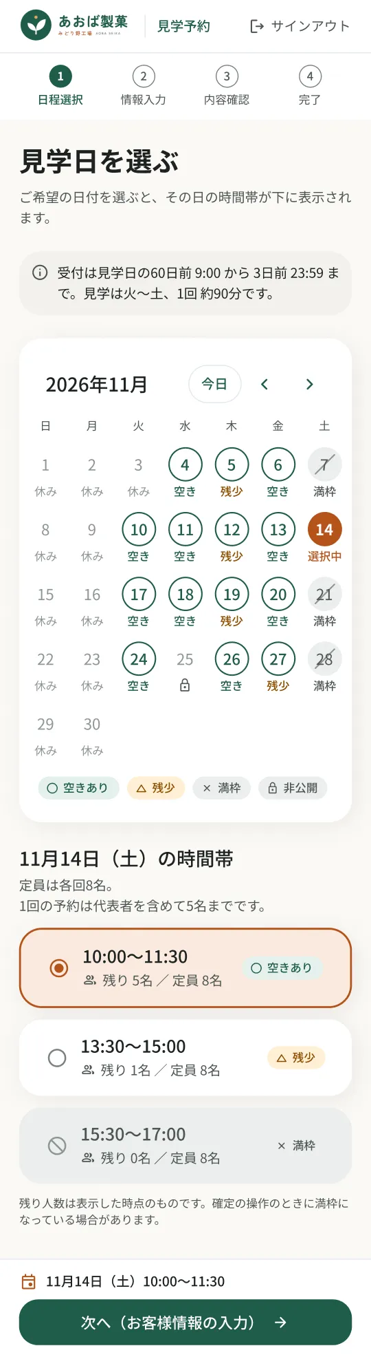 見学者向けの見学日を選ぶ画面。月のカレンダーに日ごとの空き・残少・満枠を記号と文言で示し、選んだ日の時間帯ごとに残り人数と定員を表示。画面下に「次へ(お客様情報の入力)」ボタン