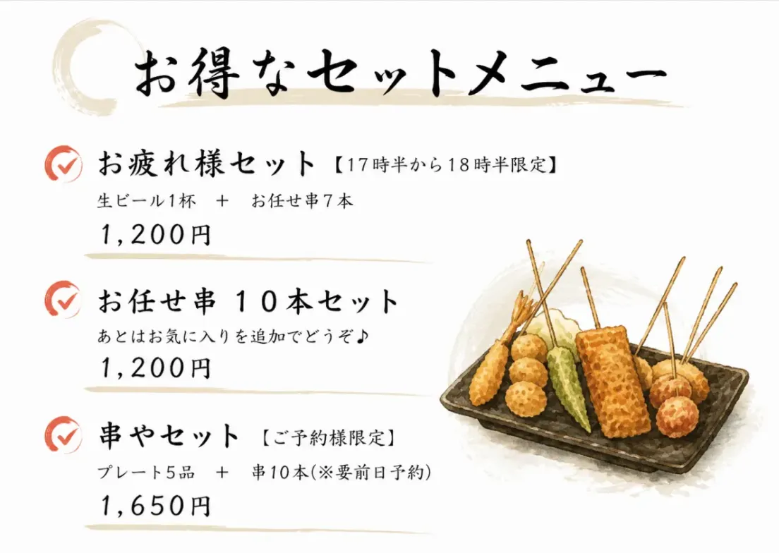 お得なセットメニュー。お疲れ様セット、お任せ串10本セット、串やセットの内容と価格に、串揚げの盛り合わせのイラスト