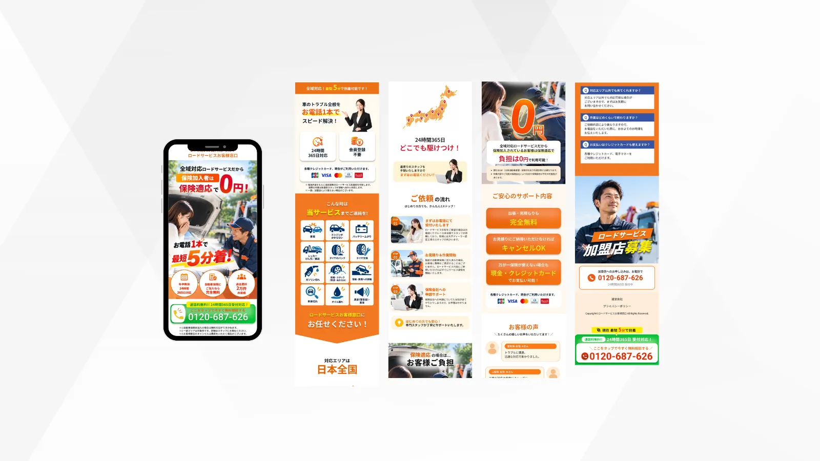 完成したロードサービスLPのスマートフォン表示のトップ画面と、料金・サポート内容・電話相談のボタンなど各セクションの画面